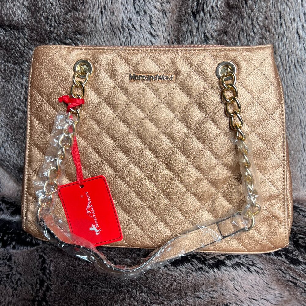 Tan Quilted Montana West Shoulder Bag with Gold Chain